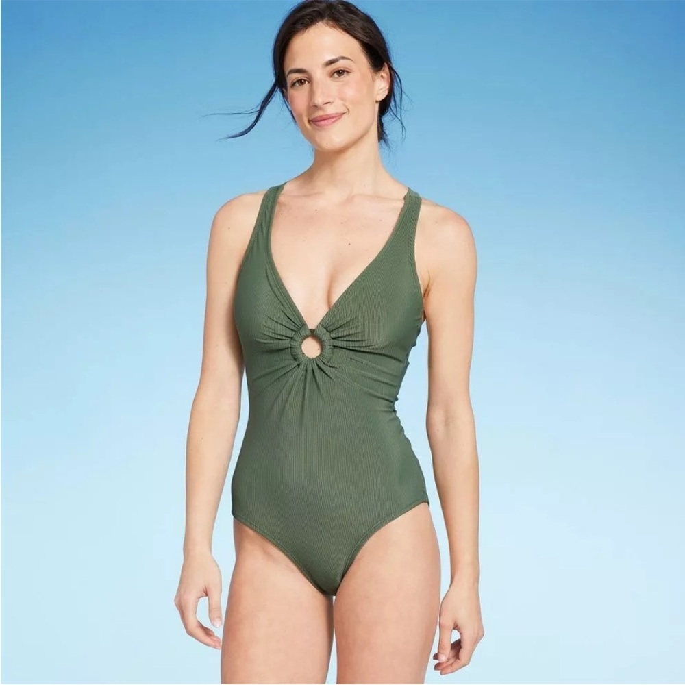 Shade & Shore Olive Green Ribbed Plunge Front V-Wire One Piece Swimsuit Small